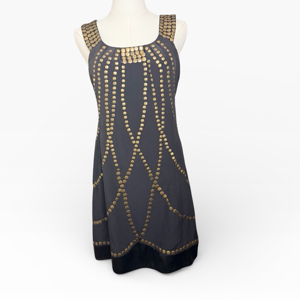 Nanette Lepore Silk Helen of Troy Dress 2 Black BrassStudded Beaded Gatsby Style